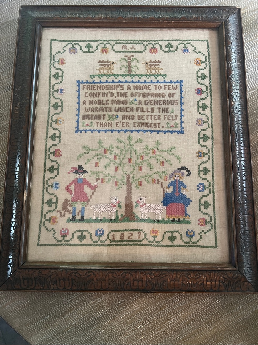 1927 VINTAGE FRIENDSHIP Counted   Cross Stitch Sampler Framed Pastel Folk Scene